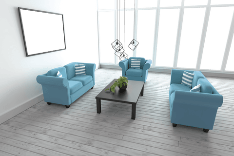 modern living room with transparent windows and blue sofas - Download Free Stock Videos Pikwizard.com