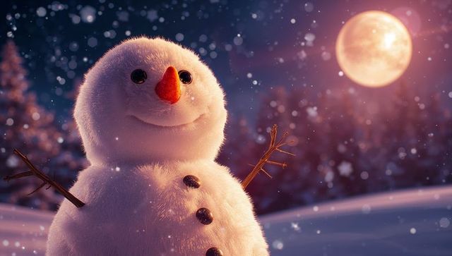 Serene snowman under moonlight in winter wonderland