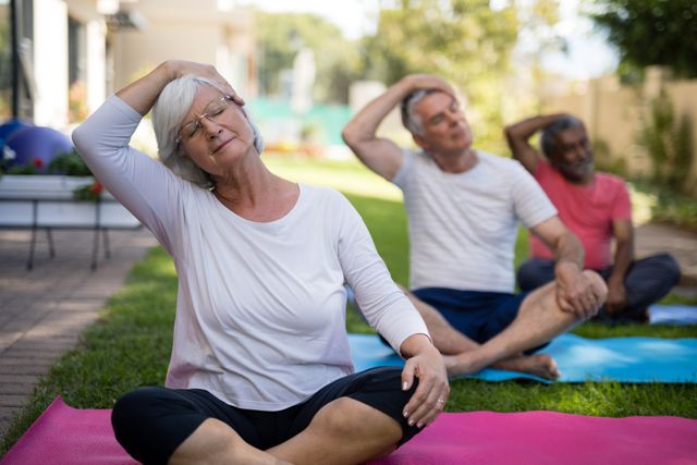Senior individuals participating in a group yoga session outdoors, stretching their heads while sitting on exercise mats. Ideal for promoting senior fitness, wellness programs, outdoor activities, and healthy lifestyle choices for the elderly.