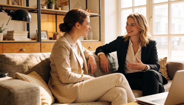 Businesswomen collaborating on sofa in modern office lounge discussing strategy and mentoring