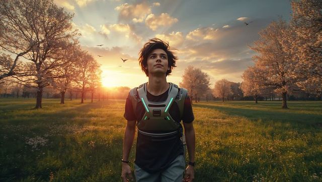 Asian teen exploring outdoors with futuristic tech harness at sunset