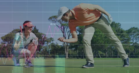 Golf Enthusiasts Engaging with Data Analytics Overlay