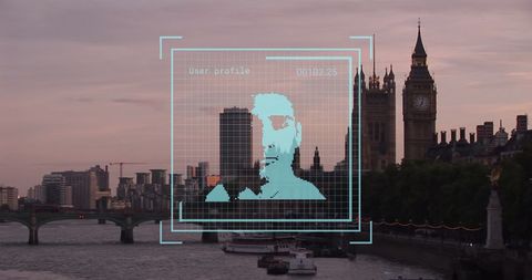 Digital face scan overlay on london cityscape indicating futuristic biometric innovation