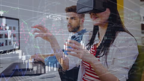 Team Working with Virtual Reality in Finance Office with Overlay Graphics
