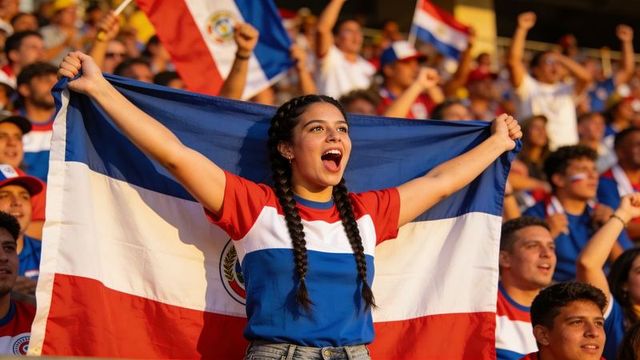Young fan celebrating with large paraguay flag and team jersey in crowded stadium stands