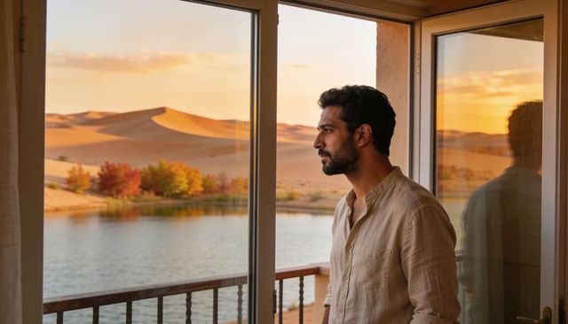 Man gazing through glass doors at desert lake sunset with balcony reflection
