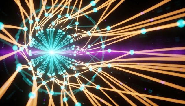 Pulsing cyan core emitting radial neural filaments with amber nodes and violet beam