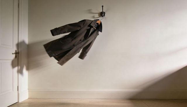Swinging dark wool coat casting dramatic slanted shadow on minimalist entryway wall