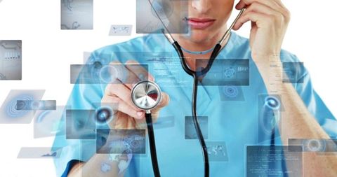 Clinician holding stethoscope toward viewer with holographic medical interface