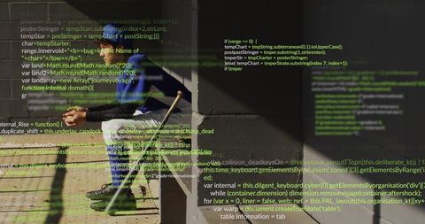 Playing percussion in concrete corridor with projected code overlay and moody shadows