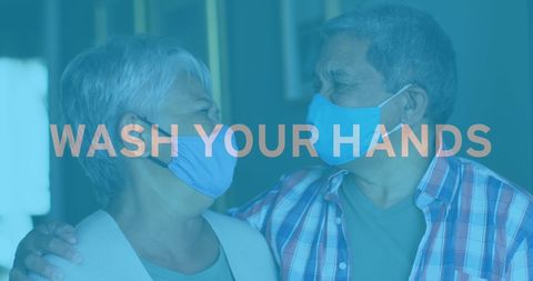 Senior Couple Embracing with COVID-19 Safety Message