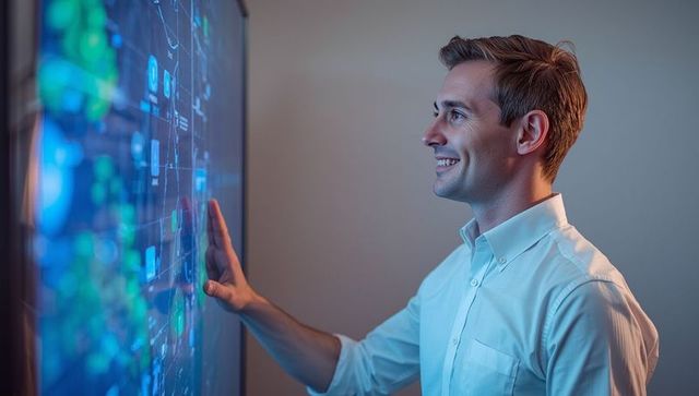 Male Professional Analyzing Data on Touchscreen at Modern Office