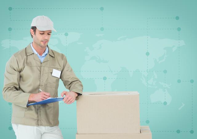 Logistics worker writing on clipboard by cardboard boxes with world map in background. Ideal for concepts of global shipping, logistics management, supply chain, and delivery services. Useful for webpages, presentations, and advertisements about transportation, global trade, and warehousing.
