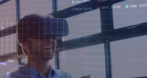 Person in VR Headset Experiencing Virtual Reality and Data Projections