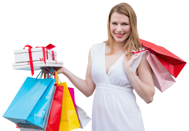 Happy Woman Holding Shopping Bags in White Dress Transparent - Download Free Stock Videos Pikwizard.com