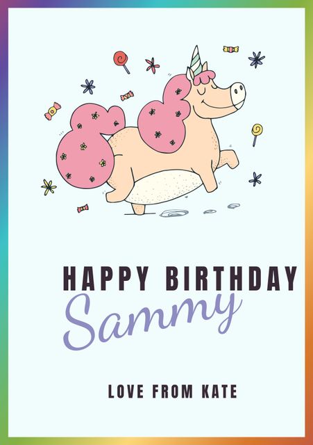 Bright and cheerful birthday card featuring a whimsical unicorn with floral decorations. Perfect for celebrating special occasions with joy and festivity. Can be personalized with recipient's and sender's names. Ideal for kids and unicorn lovers.