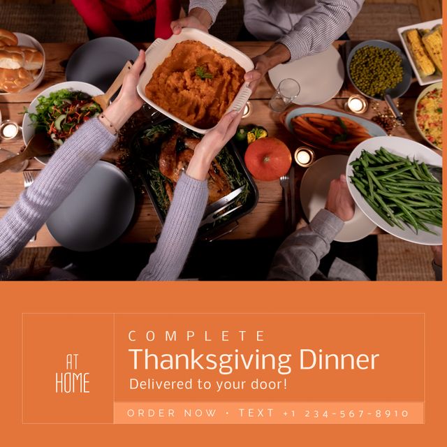 Image shows a promoted advertisement for a complete Thanksgiving dinner with a family gathered around a festive table. The ad highlights delivery services to customers' doors. Useful for online food services, holiday promotions, family-oriented restaurant ads, or festive meal delivery services.