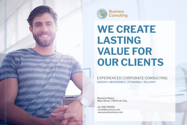 This image features a confident businessman promoting corporate consulting services. Perfect for marketing materials, presentations, business websites, client relationship topics, and corporate success stories. The image highlights trust, professionalism, and leadership in a modern office environment.