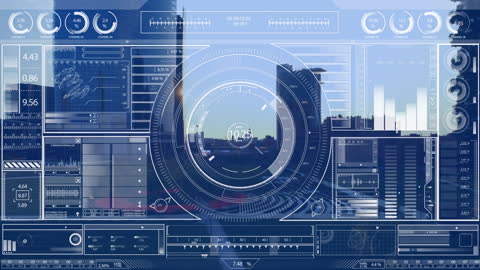 Digital Interface with Data Processing Panels Overlaying Cityscape