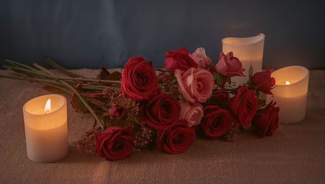 Resting red and pink rose bouquet glowing in warm candlelight on woven linen surface