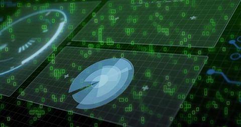 Hovering holographic radar interface over dark grid plane with floating green data pixels