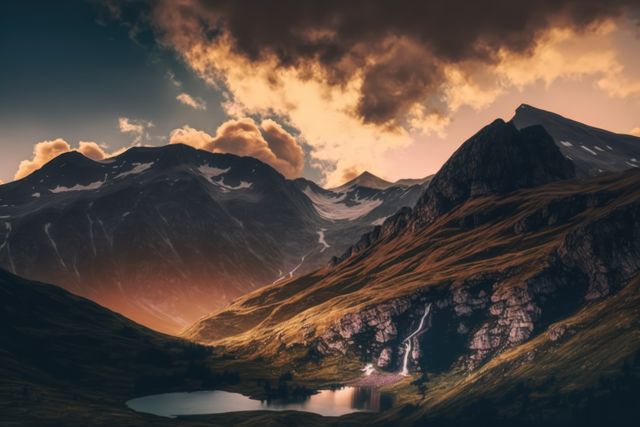 This stunning image presents a serene mountain landscape illuminated by a glowing sunset. The dramatic clouds add depth and a dynamic feel to the scene. Ideal for travel and adventure marketing materials, website banners emphasizing natural beauty, or as inspirational wall art for offices or homes.
