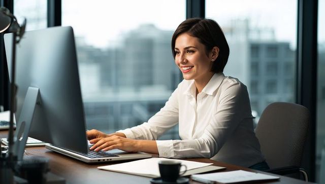 Smiling professional typing at modern office desk with window view