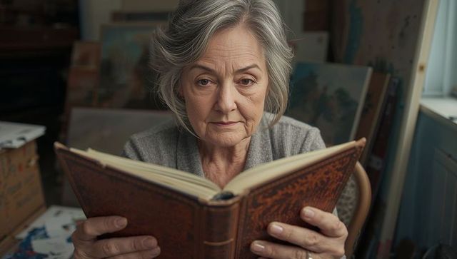 Senior woman reading ornate leather-bound book in cozy home art studio, holding volume