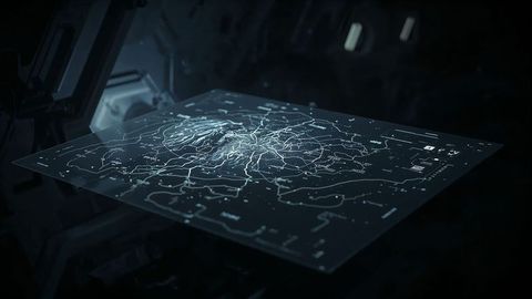 Futuristic holographic map displaying cybernetic interface