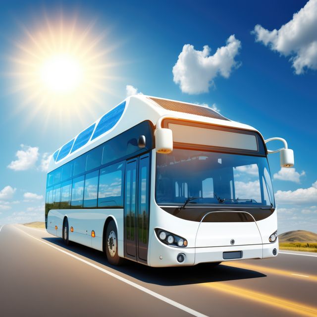Modern electric bus driving on a highway under a bright sun with blue skies. Great for representing sustainable transportation, green travel solutions, modern commuting, and the future of public transit. Ideal for materials covering advancements in eco-friendly technology, travel blogs, or environmental awareness campaigns.