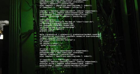 Complex Code Overlaying Server Racks in Dark Data Center - Download Free Stock Images Pikwizard.com