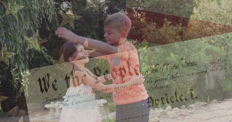 Children Playing Outdoors with American Flag Overlay