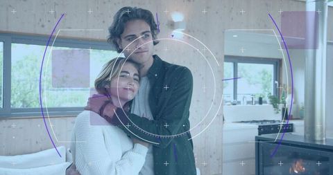 Couple embracing in cozy wood-panel living room, hud graphic overlay conveying tech romance