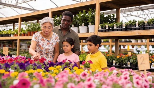 Multigenerational family browsing colorful flower trays in greenhouse nursery