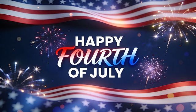 Happy fourth of july fireworks night with waving american flag and patriotic typography