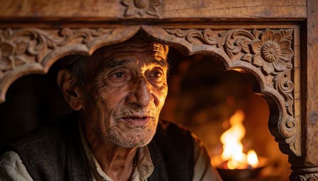 Gazing elder man wearing collared shirt and dark vest framing carved wooden arch, fire-lit