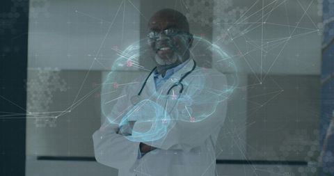 Senior Doctor in Lab Coat Displaying Holographic Brain Innovation