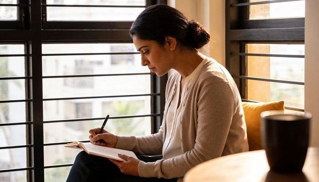 Indian woman writing in notebook on cozy window seat, minimalist home office