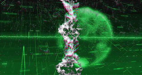 Neon green data globe rotating with fragmented helix and futuristic hud grid of nodes