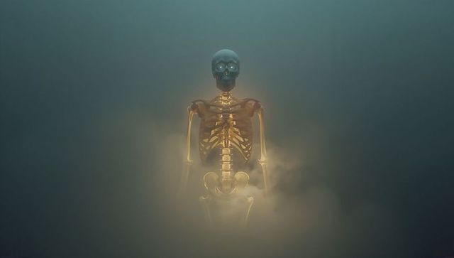 Glowing skeleton in mystical fog with surreal neon glow
