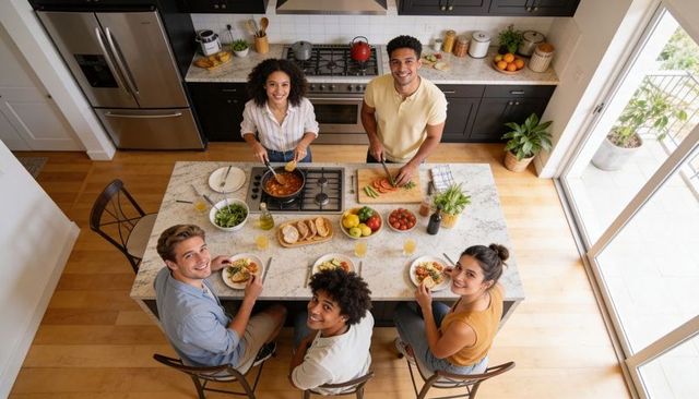 Friends cooking and dining around marble kitchen island casual modern lifestyle gathering