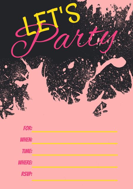 This vibrant and artistic party invitation template features bold pink text and a creative black splatter design against a soft pink background. Ideal for fun and festive occasions, the template includes fields for event details such as the date, time, place, and RSVP information. Perfect for birthdays, cocktail parties, and other celebratory events, this customizable invitation adds a playful and modern touch to any event.