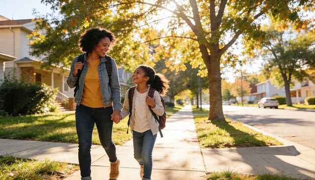 Mother and daughter walking to school on sunlit tree-lined autumn sidewalk