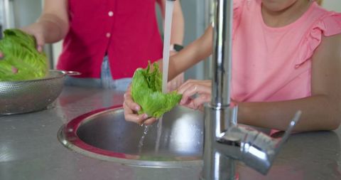 Parent and child washing fresh lettuce under running tap at modern kitchen sink