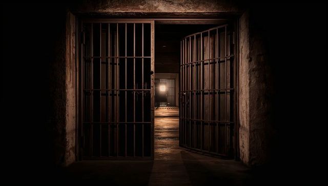Open Cell Door in Dimly Lit Historic Prison Corridor