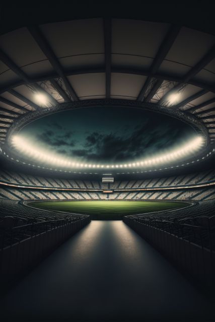General view of football stadium with lights over sky created using generative ai technology. Sport and competition concept.