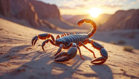 artistic depiction of scorpion highlighting shadows and forms during sunset, ideal for wildlife educational materials, desert-themed publications, and outdoor adventure promotions.