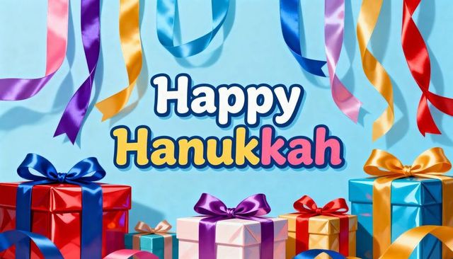 Happy hanukkah greeting displaying colorful ribbons and wrapped gifts on pastel blue backdrop