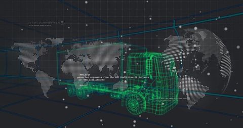 Futuristic wireframe truck with 3d grid and data visualization
