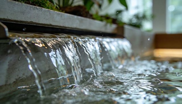 Serene indoor water cascade spilling over ledge with crystal droplets and glass reflections